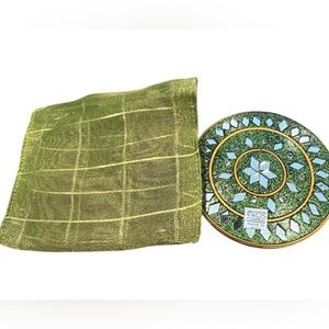 Two’s Company pocket mirror silver gold and glittery green in pouch